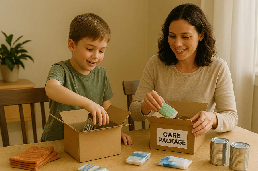 Child and parent preparing care packages for others Child and parent preparing care packages for others