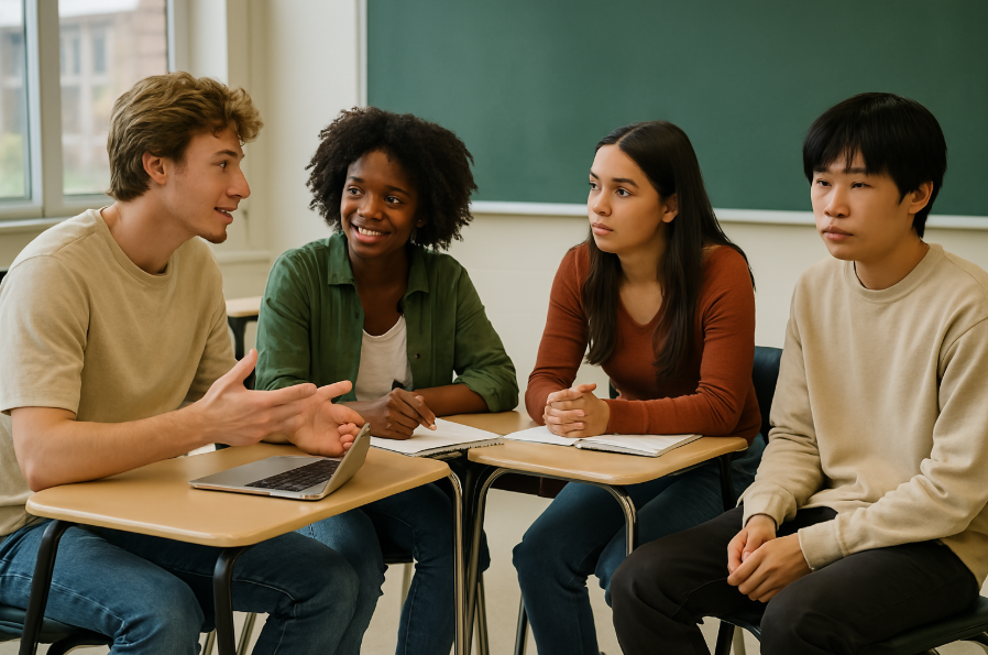 Diverse students with varying comfort levels in group settings Diverse students with varying comfort levels in group settings