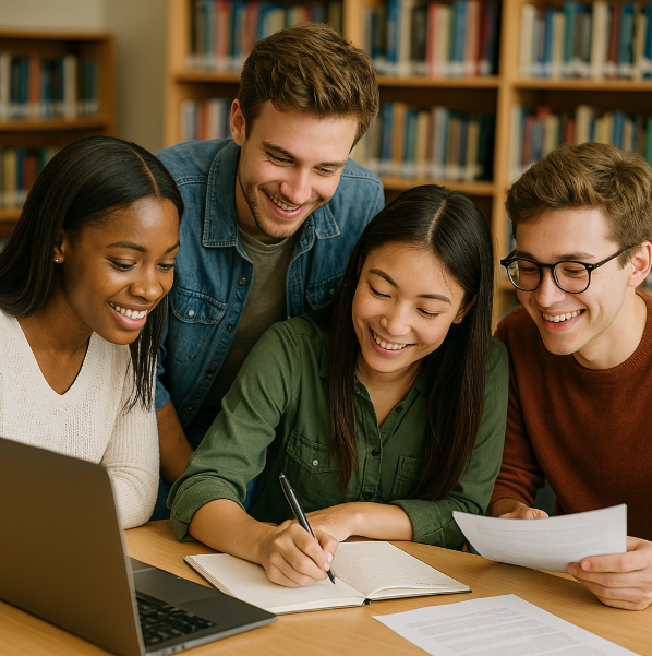 Students collaborating on a group project Students collaborating on a group project