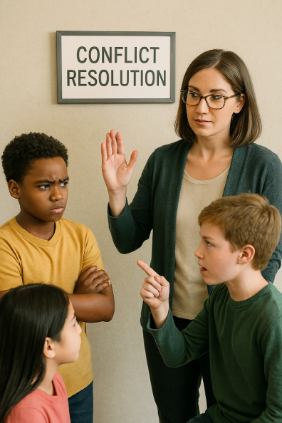 Teacher facilitating group conflict resolution Teacher facilitating group conflict resolution
