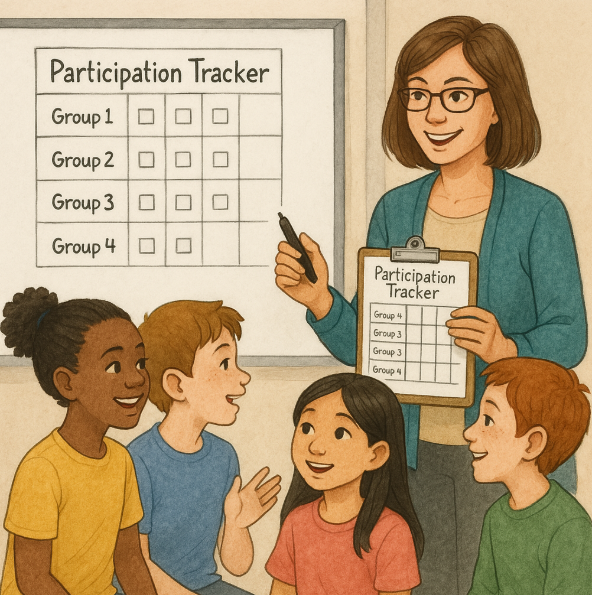 Teacher using participation tracker during group discussion Teacher using participation tracker during group discussion