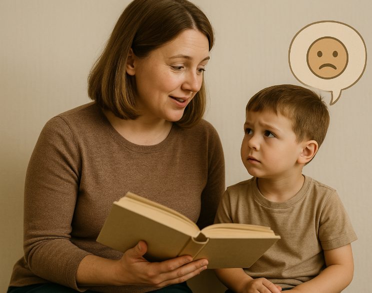mom and son discussing book